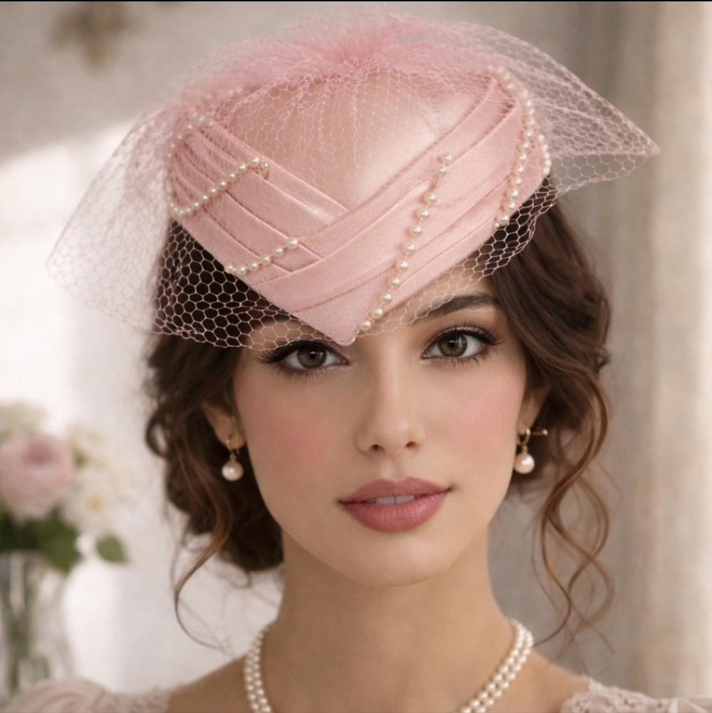 Vintage Lux 1950's Formal Pillbox Satin Hat Pearl Detail - Picture 4 of 9